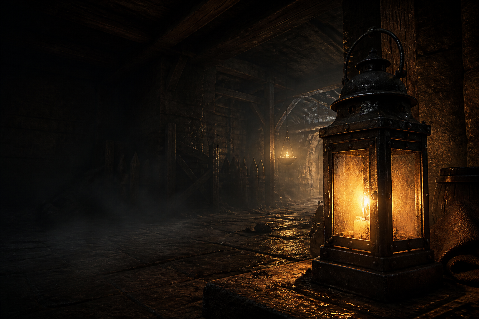 A forged iron lantern glowing in a dark stone cellar